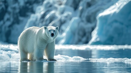 Polar Bear in Arctic Landscape. Polar bear on melting ice, climate change concept