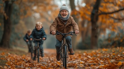 Fototapeta premium Old man riding bicycle with granddaughter while son running at park