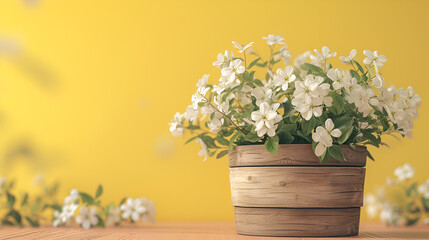 Naklejka na ściany i meble White flowers in wooden basket on yellow spring background, generative ai
