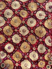 Intricate beige and offwhite flowers aari hand embroidered on vine silk fabric