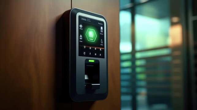 Fingerprint scanning access control machine on the wall near the office entrance