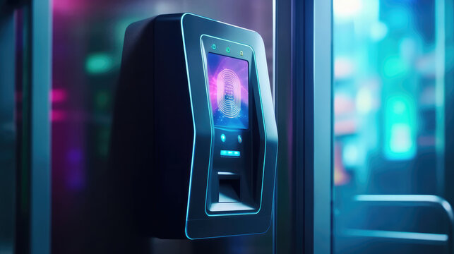 Fingerprint scanning access control machine on the wall near the office entrance