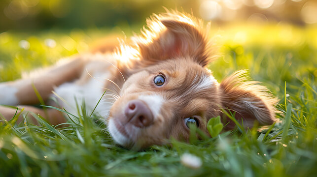 Website banner of a happy dog puppy as lying in the ground. Generative Ai
