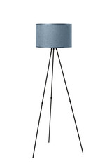 A three-legged floor lamp with a textile shade is isolated on a white background