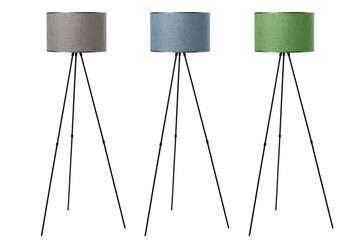 A three-legged floor lamp with a textile shade is isolated on a white background