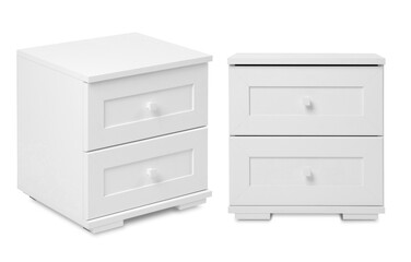 white wooden bedside table with drawers isolated on a white background