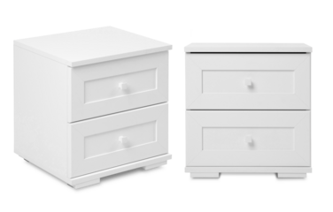 white wooden bedside table with drawers isolated on a white background