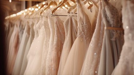 Wedding dress hanging in boutique shop