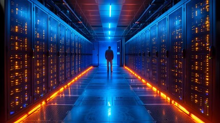 A man standing in the computer network server room. Generative AI - obrazy, fototapety, plakaty