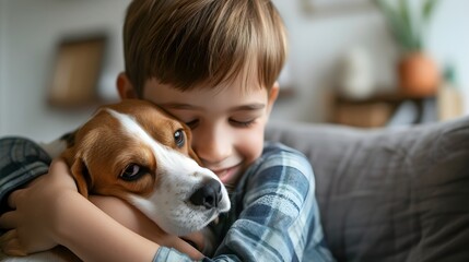 Sleeping child with beagle dog, person on sofa, happy joyful emotional. Generative AI