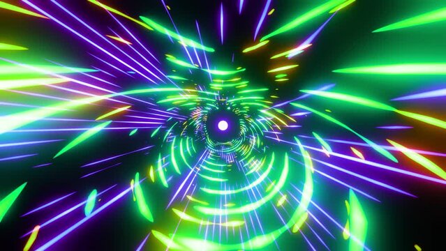 Seamless loop Moving random light streaks. Psychedelic wavy animated abstract curved shapes. 4k resolution 3d render. Yoga kaleidoscope. Seamless loop video perfect for VJ thematic music sets