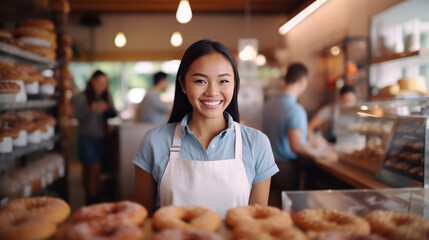 A smiling woman poses in a donut shop - obrazy, fototapety, plakaty