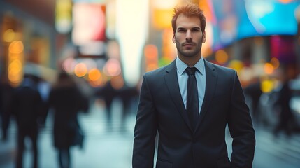 Fototapeta premium A Smiling businessman standing confidently portrait in the urban cityscape. Generative AI