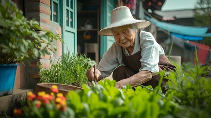 An old woman happily gardening outdoors with her sunhat amidst blooming flowers in a summery garden setting. Generative AI