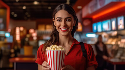 Smiling woman working in cinema cafeteria holding a box of popcorn - obrazy, fototapety, plakaty