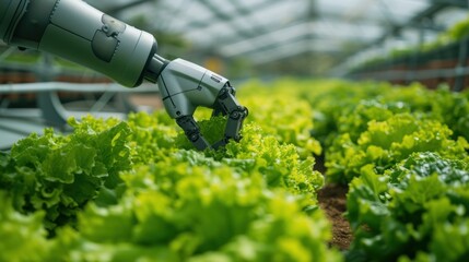A high-tech robotic arm operates among rows of fresh green lettuce in a modern greenhouse, demonstrating precision agriculture and sustainable farming practices