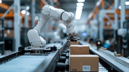 An automated robotic arm precisely handling logistics tasks, a depiction of how robotics are revolutionizing the efficiency and accuracy of warehouse operations