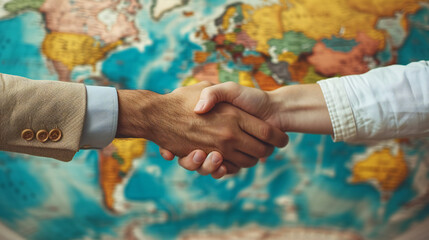 Unity in Diversity: Two People Shaking Hands Over a Colorful World Map Background - Generative AI