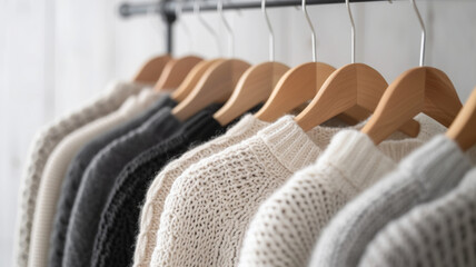 A range of knitted sweaters on wooden hangers against a white background, conveying a minimalist and clean aesthetic for a contemporary wardrobe