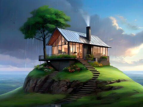 A wooden house with a chimney in the middle of a forest, with a river in front of it and extreme rainy weather with lightning and heavy rain on dark nights   