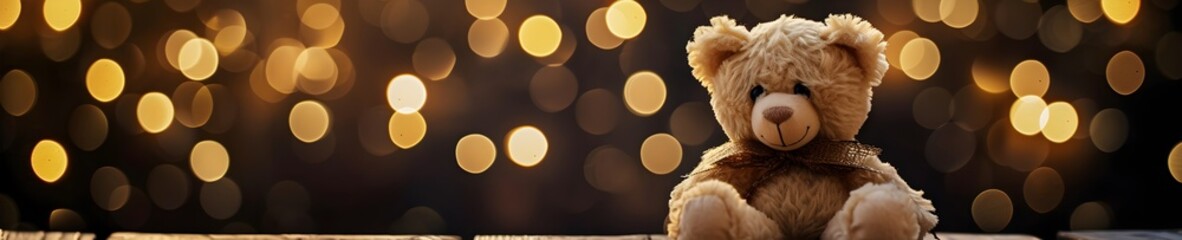 A teddy bear with festive lights, bokeh, and a touch of golden glow, creating a captivating atmosphere. Generative AI