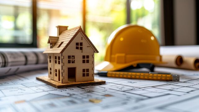 A wooden model of a house placed prominently on construction plans, highlighting the detailed planning phase of home building