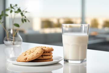A serene setting of a glass of milk and a plate of cookies on a table, conveying the simple joys of everyday life - obrazy, fototapety, plakaty