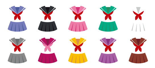 シンプルでカラフルなセーラー服のアイコンセットA（夏服半袖）png、ベクター使用推奨／uniform