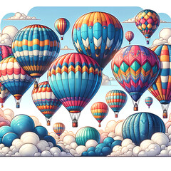 Obraz premium et of various colored hot air balloons in the sky, complete with fluffy clouds. The balloons are of different colors and designs, creating a vibrant