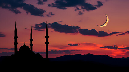 Silhouette of Mosques dome on dusk sunset sky and crescent moon symbol religion of Islamic