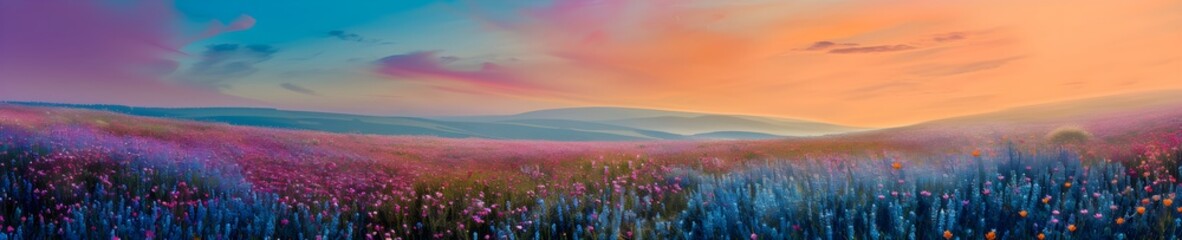 Fototapeta na wymiar A field of flowers watercolor landscape illustration banner. Generative AI
