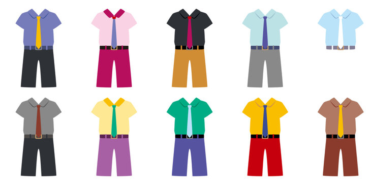 カラフルでシンプルな男子学生服のアイコンセットA（色シャツ夏服ベルトあり）png、ベクター使用推奨／uniform
