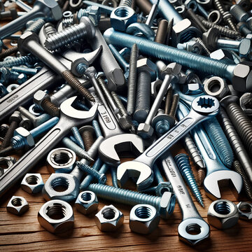  image of a group of screws and wrenches, including bolts, nuts, and ring spanners, all piled up on a natural wooden background.