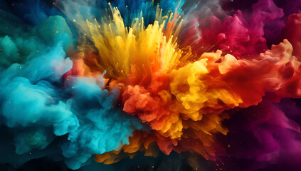 Color Explosion: Vibrant Collage Background,color powder explosion ,black wide panorama background, rainbow holi paint