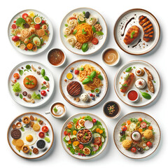 Fototapeta na wymiar A set of plates of food, each isolated on a white background and viewed from the top. The set includes a variety of dishes, such as a plate of pasta