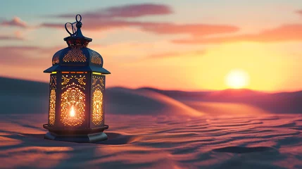 Foto op Plexiglas Oriental lamp in sand at Ramadan night, sand dune landscape with bright sunset background © Uzair