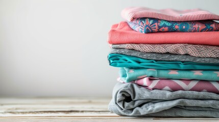 Stack of clean freshly laundered, neatly folded women's clothes on wooden table. Pile of shirts, dresses and sweaters on the table, white wall background. Copy space, close up, top view.