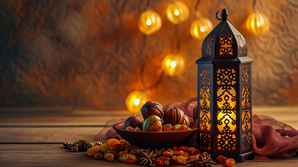 Fototapeta na wymiar Ramadan Kareem concept photo dry fruits with lantern lamp, Eid Mubarak
