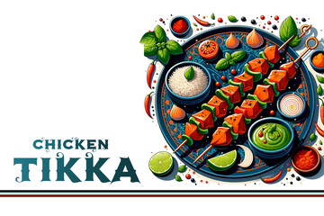Indian Delight: Chicken Tikka Kabab in Red Sauce Vector Illustration, Tandoori Fusion: Grilled Chicken and Cottage Cheese in Red Sauce, Tasty Chicken Tikka Sticks on White Background