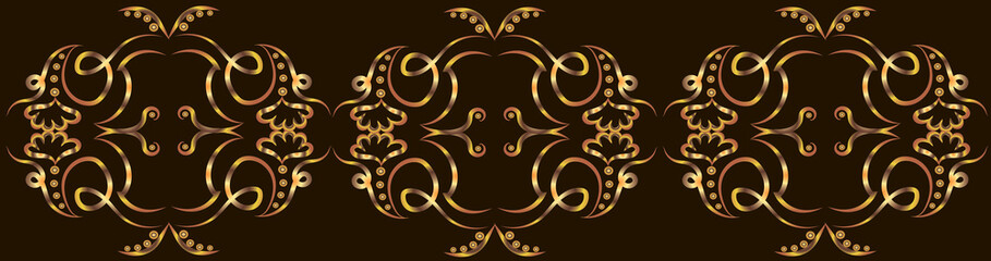 Graphic horizontal fantasy pattern with swirls, concentric circles and flowers. Gold gradient on a black background for printing on fabric, applique and cards.