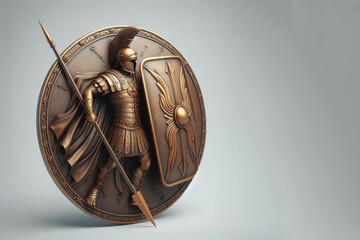 A Roman soldier with a shield and spear depicted on a medallion. Place for text. - obrazy, fototapety, plakaty
