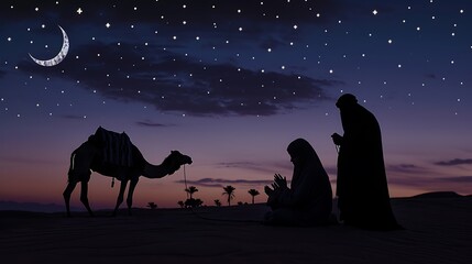 Silhouette of Arab family and camel walking, Islamic mosque at night with crescent moon
