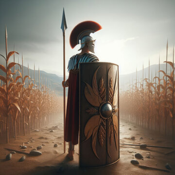 Roman soldier standing in a corn field.