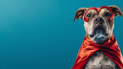 A Dog Dressed as a Superhero with a Solid Background. Copy space.