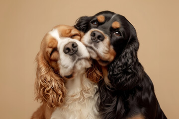 studio portrait of two dogs hugging. happy spaniel dog on beige background. Love, relationship, funny