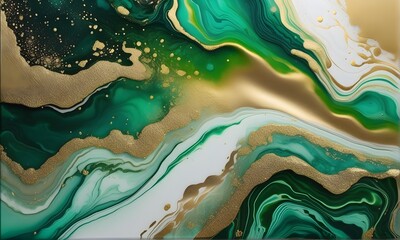 Abstract mixture of white, green, and gold colors. Fluid art. Designed for background, banner, template, poster, postcard, wallpaper.