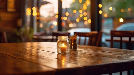 Fototapeta na wymiar Empty wooden table in cafe or restaurant