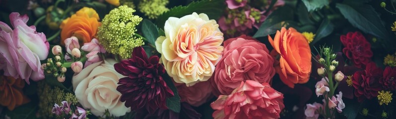 Many different colored flowers in a bunch together