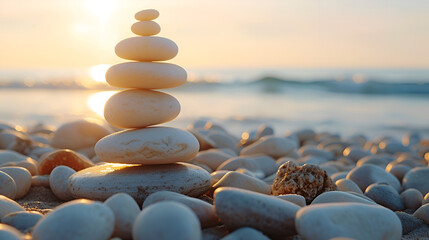 Perfect balance of stack of pebbles at seaside towards sunset. Concept of balance, harmony and meditation. Helping or supporting someone for growing or going higher up. generative ai

