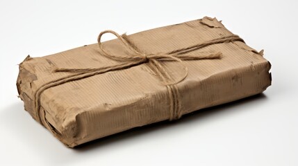 Box parcel wrapped in brown craft paper tied hemp cord on white background.